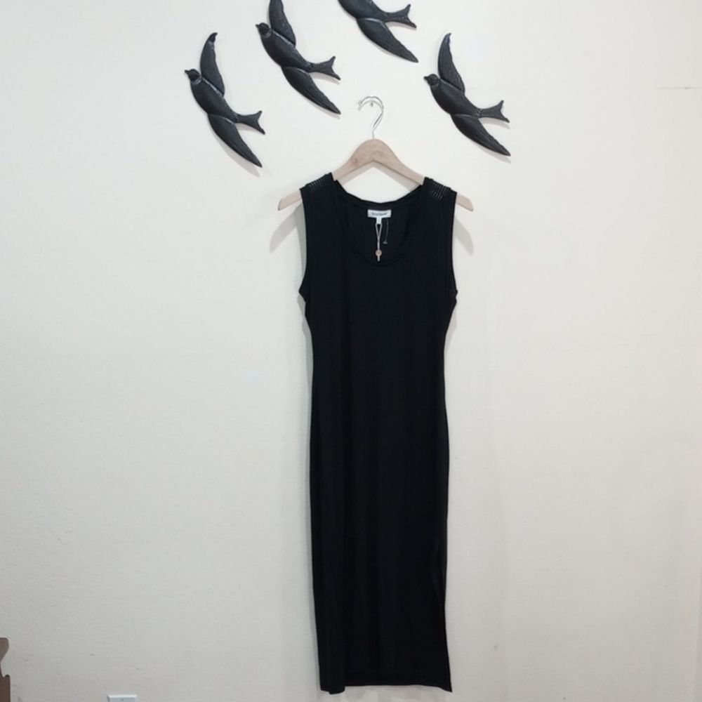Heartloom X Revolve Black Knit Tank Dress Mesh Shoulder Trim Side Slit, S - NEW!